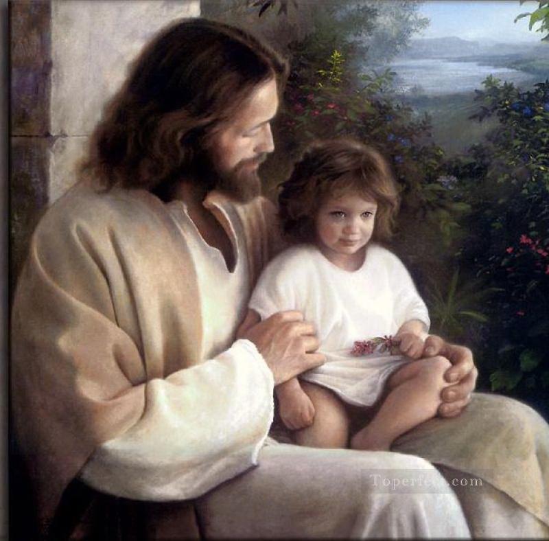 イエスと宗教的なキリスト教徒の子供油絵